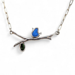 Enameled Bird on a Branch Necklace