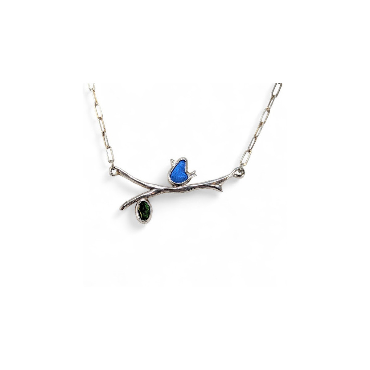 Enameled Bird on a Branch Necklace