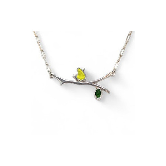 Enameled Bird on a Branch Necklace